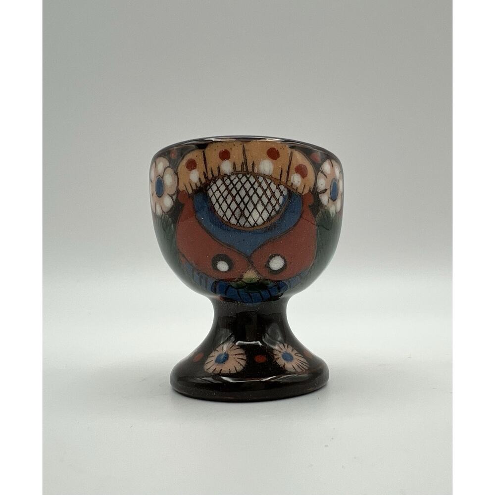 Thun Thoune Swiss Art Pottery Brown Glazed Egg Cup with Chrutmuster Owl Signed